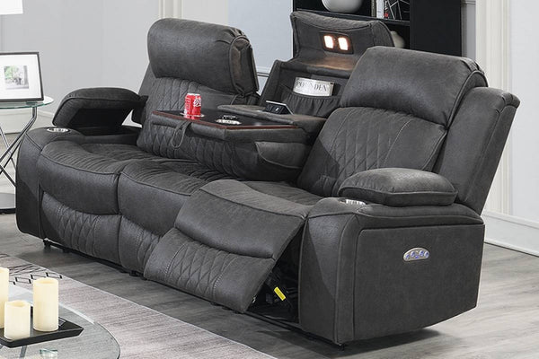 English Elm Power Motion Sofa – Charcoal Gel Leatherette With Storage Arms & Cup Holders For Ultimate Comfort B011S01069-GIGA