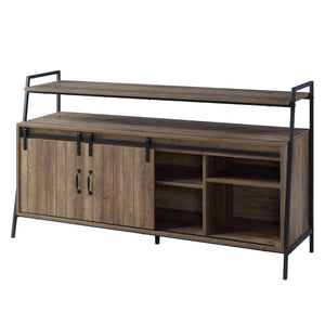 English Elm Rashawn Rustic Oak TV Stand with Black Frame, Sliding Barn Doors, 6 Compartments & Open Shelf B2726P256332