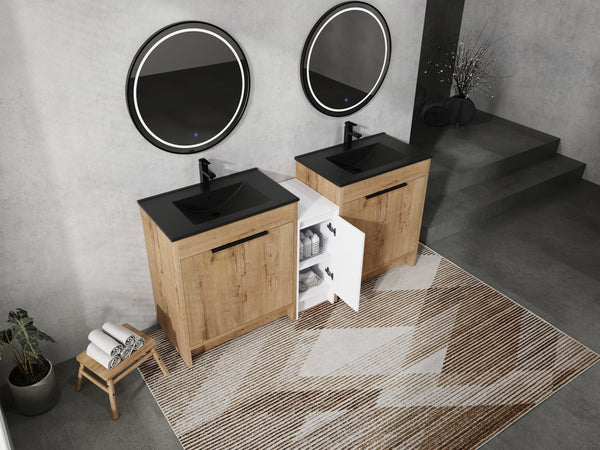 English Elm 72 Inch Freestanding Bathroom Vanity With Black Ceramic Sink, Soft-Close Doors & Ample Storage W999S00324