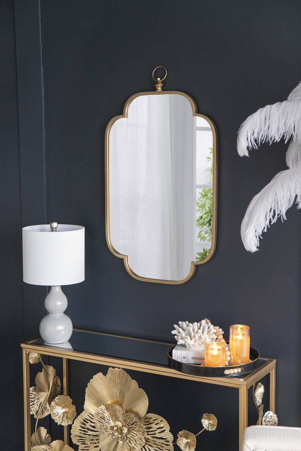 English Elm 19.7" Adaline Champagne Gold Wall Mirror 19.7" Regal Lantern-Style Hanger Notched Corners 36" W2078P288177
