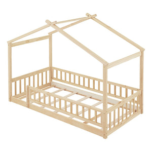 English Elm Twin Solid Pine House Bed Playhouse Frame with Fence Rail for Kids Rooms WF302176AAN