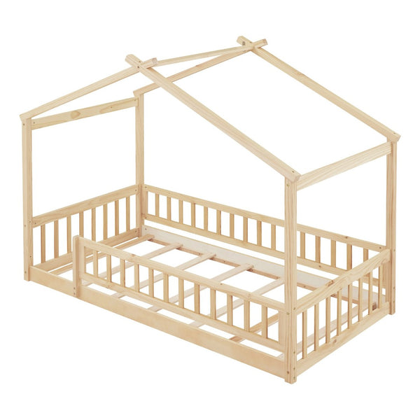 English Elm Twin Solid Pine House Bed Playhouse Frame with Fence Rail for Kids Rooms WF302176AAN