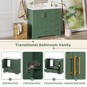 English Elm 36-inch Green Traditional Bathroom Vanity with Resin Sink, 2 Doors 4 Drawers, Gold Handles, Soft-Close hinges, 36"W x 18"D x 34"H SV000026AAF
