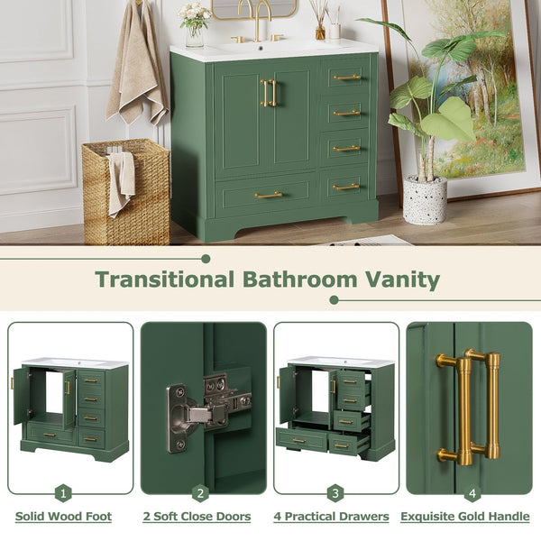 English Elm 36-inch Green Traditional Bathroom Vanity with Resin Sink, 2 Doors 4 Drawers, Gold Handles, Soft-Close hinges, 36"W x 18"D x 34"H SV000026AAF