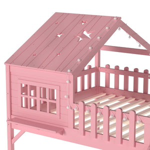 English Elm Twin Playhouse Loft Bed Solid Pine Frame with Slide Led Lights and Star Roof Pink W5316S00006