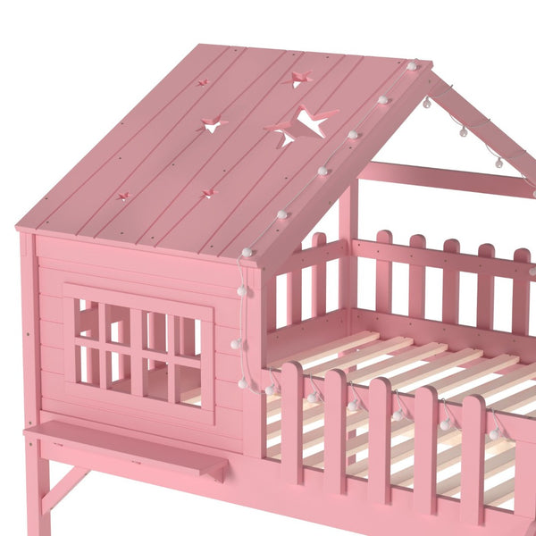 English Elm Twin Playhouse Loft Bed Solid Pine Frame with Slide Led Lights and Star Roof Pink W5316S00006