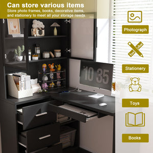 English Elm Computer Corner L-Shaped Desk with Glass Cabinets, Built-In LED, USB Ports, Keyboard Tray, Ergonomic Design Black W2699P345804