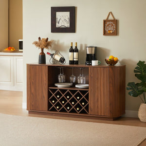 English Elm 58" Wavy Curved Sideboard with Wine Rack Glassware Holder and Adjustable Shelves Walnut W1162P386373