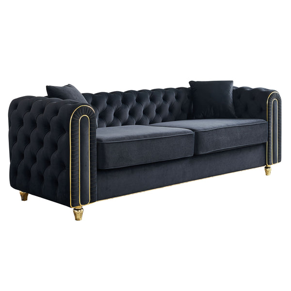 English Elm 86'' Luxury Modern Tufted Sofa with Gold Trim, Velvet Upholstery, Pocket Spring Comfort & 750lb Support Black W579P303656