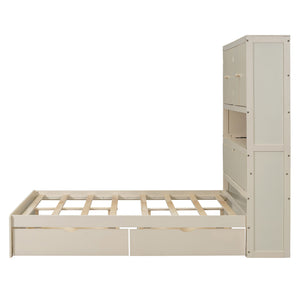 English Elm Full Size Wooden Platform Bed With Usb Charging, Storage Headboard & Elegant Drawers In Cream N820S00045K