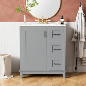 English Elm 30-inch Modern Bathroom Vanity with Ceramic Basin, Rubberwood Frame, Soft-Close Drawers & Organized Storage Grey N729P290689E