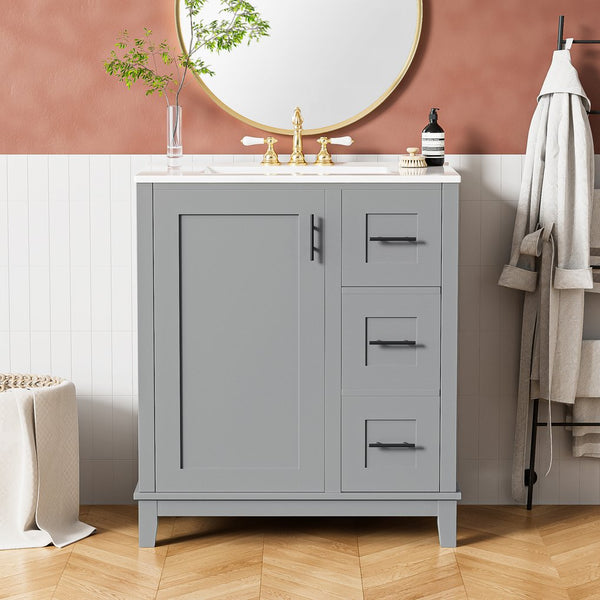 English Elm 30-inch Modern Bathroom Vanity with Ceramic Basin, Rubberwood Frame, Soft-Close Drawers & Organized Storage Grey N729P290689E
