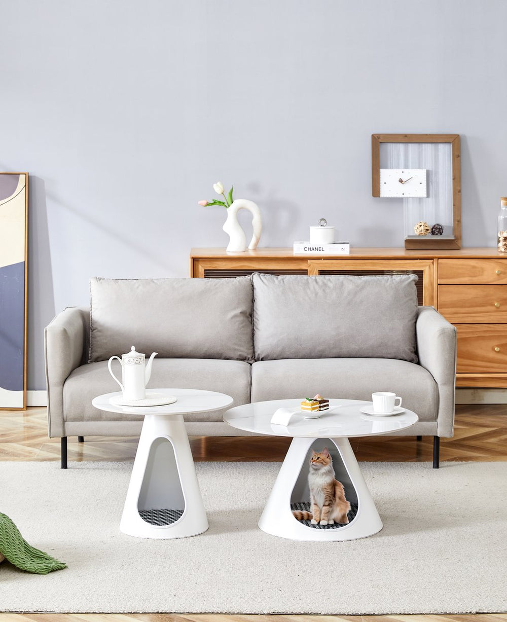 English Elm set of 2 marble-look round coffee tables with steel bases and built-in cozy cat beds for space-saving style White W370S00047
