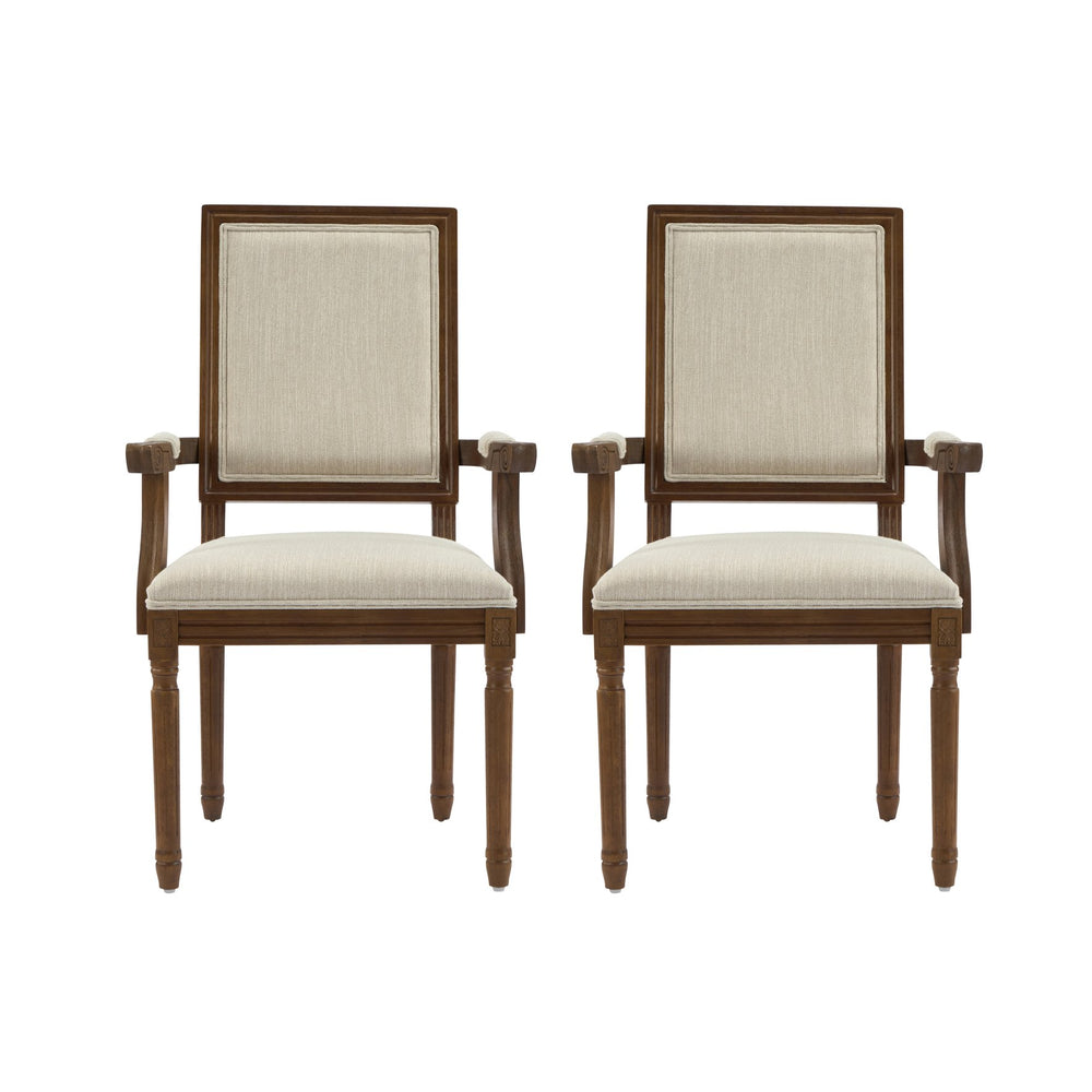 English Elm Christopher Knight Home® - Upholstered Dining Chairs Set of 2 in Beige with Walnut Rubber Wood Fluted Legs, Armrests, French-Country Elegance, Durable Fabric Seating N771P291405T