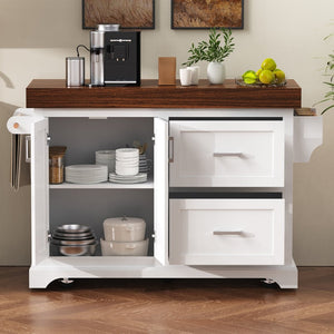 English Elm K&k Rolling Kitchen Island with Walnut Grain Countertop Drawers and Spice Rack White N707S000025W