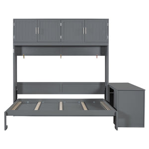 English Elm Queen Murphy Bed with Fold Down Desk Hydraulic Lift Storage Cabinets White N820S10034E-1