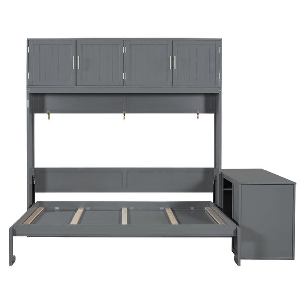 English Elm Queen Murphy Bed with Fold Down Desk Hydraulic Lift Storage Cabinets White N820S10034E-1