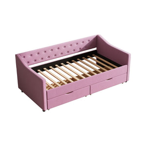 English Elm Twin Size Upholstered Daybed With Storage Drawers, Button-Tufted Pink Sofa Bed For Stylish Comfort W2336S00032-GIGA