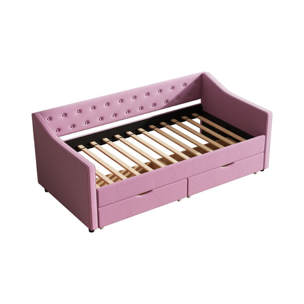 English Elm Twin Size Upholstered Daybed With Storage Drawers, Button-Tufted Pink Sofa Bed For Stylish Comfort W2336S00032-GIGA