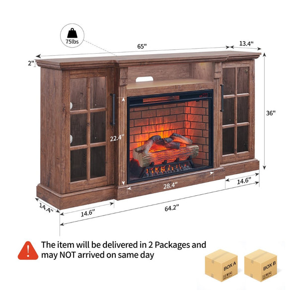English Elm 65" Fireplace Tv Stand with Led Glass Cabinets and Electric Flame for Rooms up to 400 Sq Ft W1769S00017