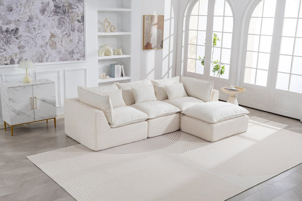 English Elm 102.3" Oversized Modular Sectional Sofa Cotton Linen Deep Seat Lounge with Ottoman Antique White W2530S00014