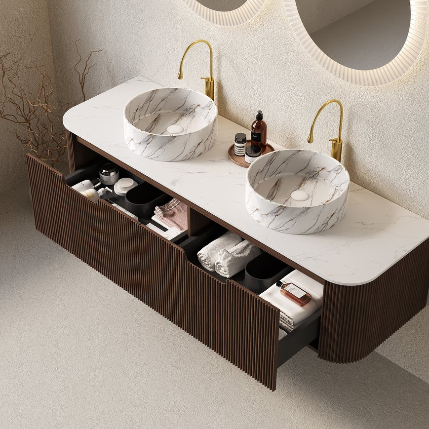 English Elm Dina 60" Wall-Mounted Bathroom Vanity With Curved Sinks, Dark Walnut Cabinet & Soft-Close Drawers W2615S00497