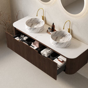 English Elm Dina 60" Wall-Mounted Bathroom Vanity With Curved Sinks, Dark Walnut Cabinet & Soft-Close Drawers W2615S00497