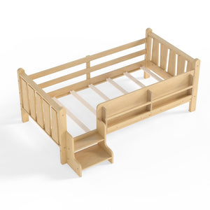 English Elm Twin Pine Floor Bed with Guardrails Built-in Bookcases and Stair Steps for Kids W1580P430184