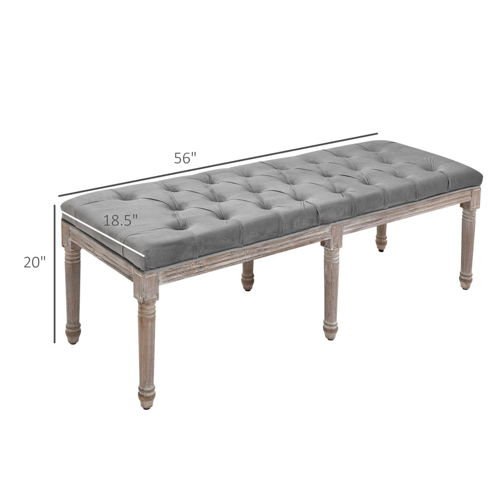 English Elm Bedroom Button Tufted Bench White Carved Wood Frame French Vintage Entryway Seating T3971P387773