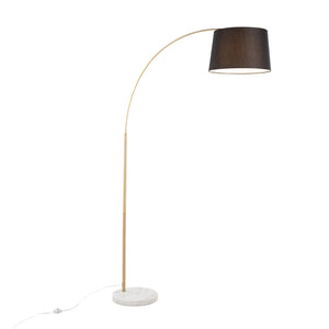 English Elm March Contemporary Floor Lamp - Antique Brass Arc & White Marble Base With Black Linen Shade Design B202S01370