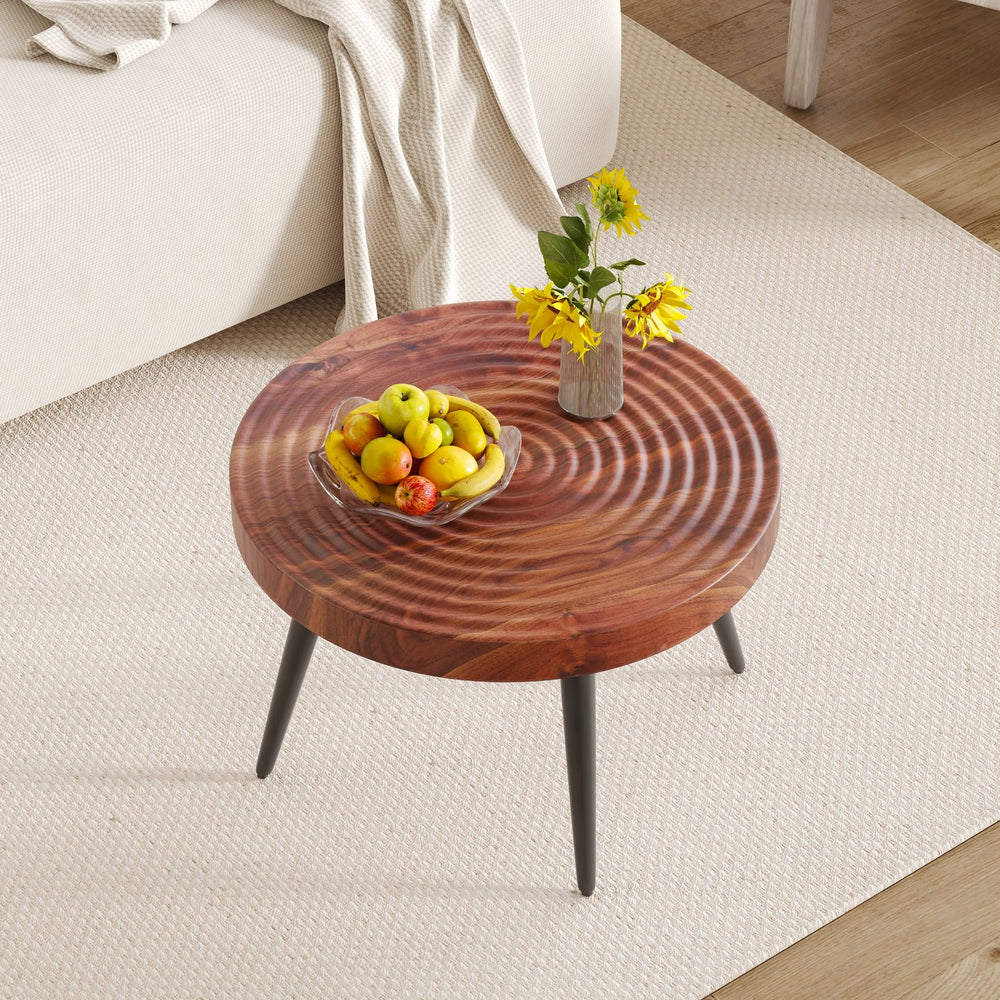 English Elm Modern Round Coffee Table with 23.6" Diameter, Thick MDF Top, Walnut Texture, Black Metal Legs, 350lb Capacity W2920P226079