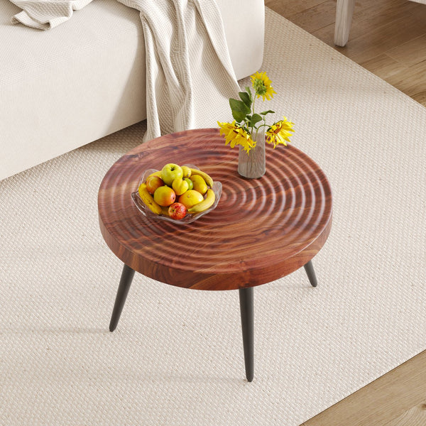 English Elm Modern Round Coffee Table with 23.6" Diameter, Thick MDF Top, Walnut Texture, Black Metal Legs, 350lb Capacity W2920P226079