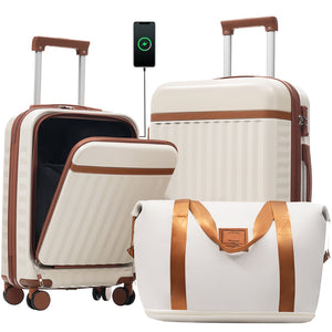 English Elm Front Access Hardside 3 Piece Travel Set with Usb Port Spinner Wheels and Tsa Lock Brown+White N732P326130K