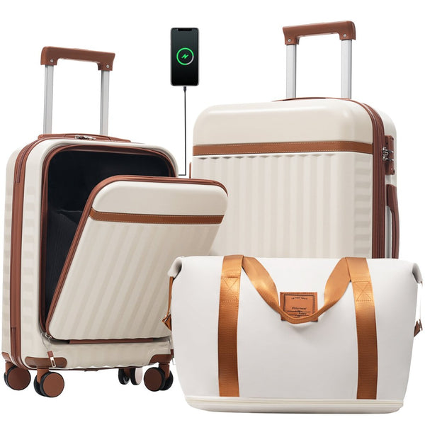 English Elm Front Access Hardside 3 Piece Travel Set with Usb Port Spinner Wheels and Tsa Lock Brown+White N732P326130K