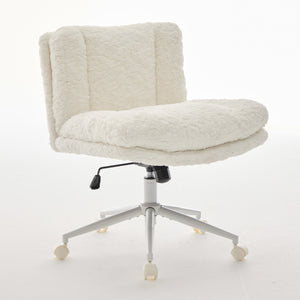 English Elm W26.4 Extra-Wide Faux Fur Office Chair with Metal Base, Ergonomic 360° Swivel, Adjustable Comfort Cream W1143P369105