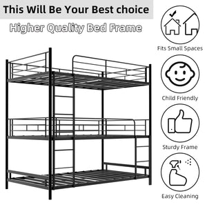 English Elm Heavy-duty triple bunk bed frame with built-in ladder, full guardrails, metal slats, space-saving design Black W1935P330699