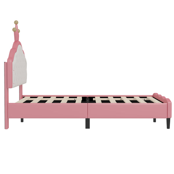 English Elm Full Full Size Lovely Crown Fantasy PU Leather Princess Bed with Tufted Headboard, Pink Cream, Sturdy Frame N733P198762H