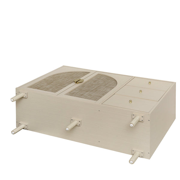 English Elm 2 Door 3 Drawer Cabinet with Engineered Rattan Finish, Pine Feet, Metal Semi-Circle Handles, Durable Natural W688134397