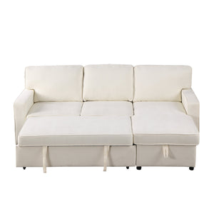 English Elm U_STYLE Chenille Upholstery Sleeper Sectional Sofa with Pull-Out Bed, Chaise Storage & Comfort Beige W1099S00146