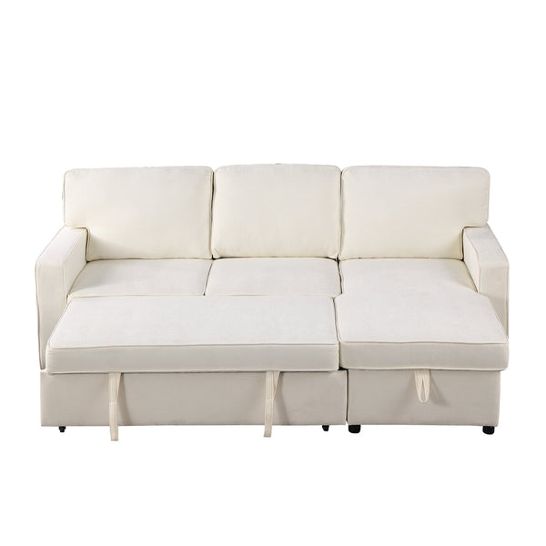 English Elm U_STYLE Chenille Upholstery Sleeper Sectional Sofa with Pull-Out Bed, Chaise Storage & Comfort Beige W1099S00146