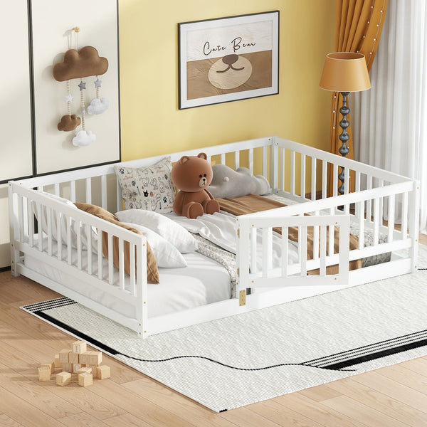 English Elm Full Size Pine Montessori Floor Bed with Fence & Removable Door, Sturdy Kids Bed White Playhouse W1820P349301