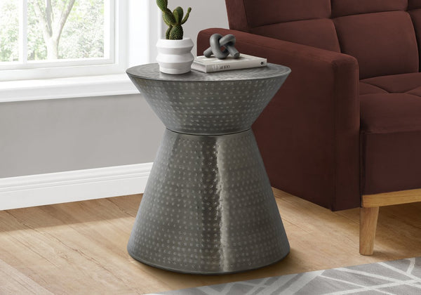 English Elm Accent Drum End Table with Hammered Metal Finish — 22" Handcrafted Cone Shape for Chic Living Spaces Silver 23 L x 23 W x 19 H B2710P219460