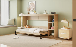 English Elm Twin Space-Saving Murphy Bed with Bookshelf and Fold-Down Desk, LVL/MDF, Compact Modern Design Natural GX002221AAN