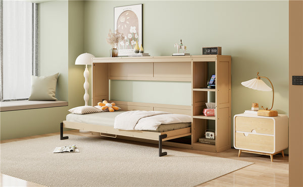 English Elm Twin Space-Saving Murphy Bed with Bookshelf and Fold-Down Desk, LVL/MDF, Compact Modern Design Natural GX002221AAN