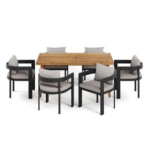 English Elm Christopher Knight Home® - Elko Janiyah 7-Piece Outdoor Dining Set With Beige Cushions & Acacia Wood Table, Modern Comfort ELKOJANI7PCDSETB