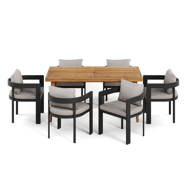 English Elm Christopher Knight Home® - Elko Janiyah 7-Piece Outdoor Dining Set With Beige Cushions & Acacia Wood Table, Modern Comfort ELKOJANI7PCDSETB