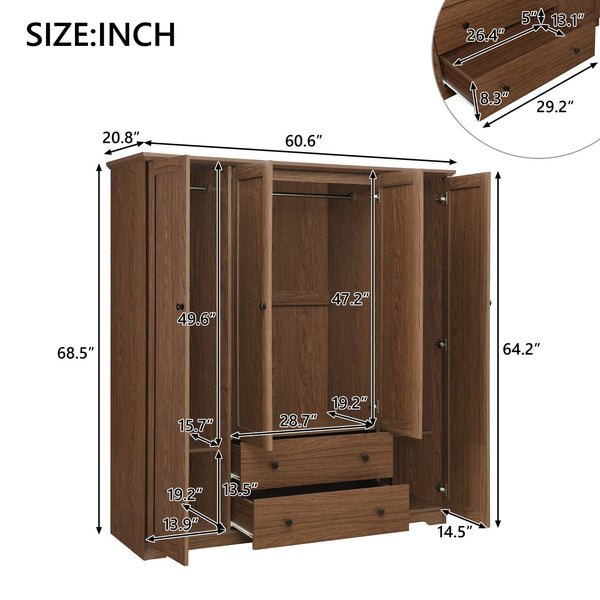 English Elm 4 Door Wardrobe Armoire Closet with 2 Drawers Rustic Pine & MDF Storage Cabinet with Shelves and Hanging Space Brown N7090001842D