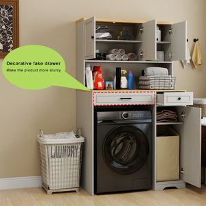 English Elm Over Washer Dryer Laundry Cabinet with Basket Drawer Adjustable Shelves Antique White W1120P338184