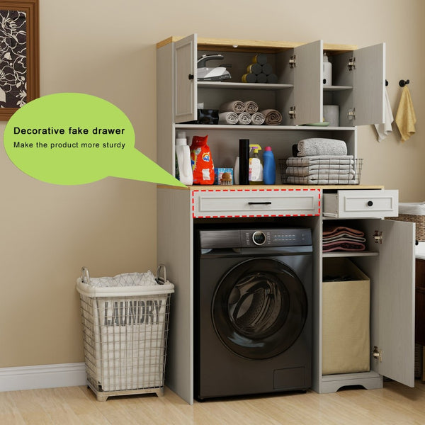 English Elm Over Washer Dryer Laundry Cabinet with Basket Drawer Adjustable Shelves Antique White W1120P338184