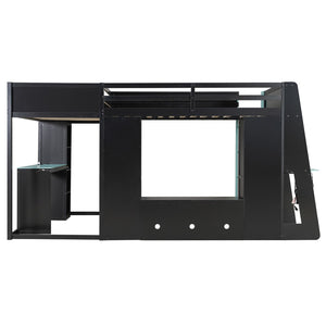 English Elm L-shaped Gaming Loft Bunk Bed Twin Wood Frame Rgb Lighting Usb Ports Storage Shelves Blue LT000295AAC
